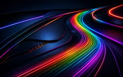 4k, bunte neonwellen, kreativ, dunkler futuristischer hintergrund, bunte neonkurven, abstrakter welliger hintergrund, neonkurven, kunstwerk, neonwellen, abstrakte hintergründe