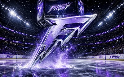 Minnesota Frost metal logo, 4k, spotlights, ice arena, PWHL, hockey, Minnesota Frost logo, hockey stadium, Minnesota Frost 3D logo, american hockey team, Minnesota Frost