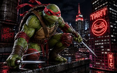 Raphael, 4k, 3D art, Teenage Mutant Ninja Turtles, skyscrapers, nighscape, TMNT characters, Mutated Turtles, TMNT, ninja turtles, Raphael TMNT, Raphael 4K
