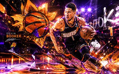 Devin Booker, 4k, violet futuristic background, Phoenix Suns, NBA, American basketball players, Devin Booker 4k, Devin Booker Art, basketball, Devin Booker Phoenix Suns