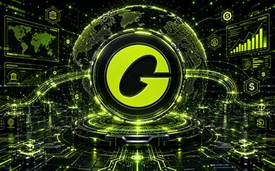Global Dollar 3D logo, 4k, green futuristic background, cryptocurrencies, Global Dollar futuristic logo, brands, Global Dollar cryptocurrency, blockchain, Global Dollar logo, Global Dollar