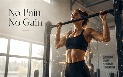 ei kipua, ei voittoa, 4k, vetäykset, kuntosali, motivaatiolainauksia, no pain no gain  kirjoitus, tyttö vaakapalkissa, grunge taidetta, ruosteiset metallikirjaimet, motivaatio, no pain no gain  käsitteet