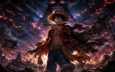 4k, Monkey D Luffy, battle, monster, One Piece, Gear Fifth, manga, darkness, One Piece characters, Monkey D Luffy chibi, Gear 5, artwork, Gomu Gomu no Mi, Monkey D Luffy One Piece