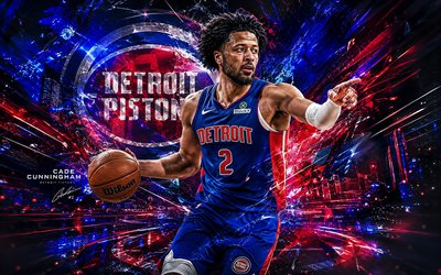 Cade Cunningham, 4k, blue futuristic background, Detroit Pistons, NBA, american basketball players, Cade Cunningham 4K, basketball, Cade Cunningham Art, Cade Cunningham Detroit Pistons