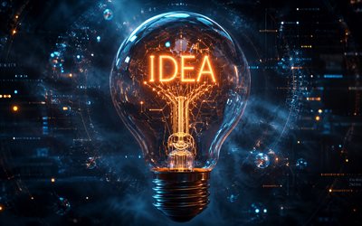 ideenkonzepte, 4k, glühbirne, dunkler futuristischer hintergrund, brennende glühbirne, ideensuche, geschäftskonzepte, glühbirnenhintergrund, idee