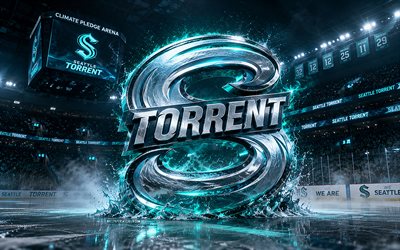 Seattle Torrent metal logo, 4k, spotlights, ice arena, PWHL, hockey, Seattle Torrent logo, hockey stadium, Seattle Torrent 3D logo, american hockey team, Seattle Torrent