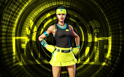 keltainen volley girl fortnite, 4k, keltainen kierre tausta, fortnite, luova, keltainen volley tytön iho, fortnite yellow volley girl skin, keltainen volley tyttö, fortnite hahmot