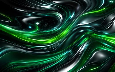 4k, grüne 3d wellen, kreativ, grüner futuristischer hintergrund, dunkle abstraktion, grüne 3d kurven, abstrakter welliger hintergrund, abstrakte kurven, kunstwerk, abstrakte wellen, grün schwarze hintergründe, abstrakte hintergründe