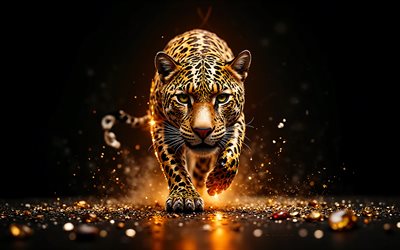 jaguar, luz de neón dorada, gatos salvajes, jaguares, fondo negro, jaguar con piedras preciosas, animales peligrosos, depredadores