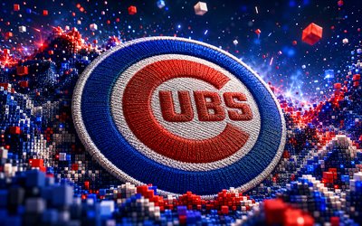 Chicago Cubs fabric logo, 4k, blue red 3D background, MLB, baseball, Chicago Cubs logo, Chicago Cubs emblem, american baseball team, Chicago Cubs