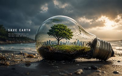 4K, Save Earth, world in a light bulb, Take care of life, Earth in hand, factory, 3D art, environmental protection, ecology concepts, protect nature, environment concepts, eco concepts, harm to nature concepts