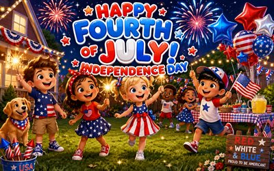 itsenäisyyspäivä, 4k, sarjakuvataidetta, hyvää heinäkuun neljättä, lapset juhlivat, ilotulitus, heinäkuun neljäs, usa, 4 heinäkuuta, amerikka, yhdysvaltain kansallispäivä