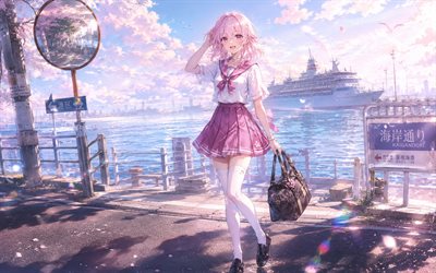 March 7th, 4k, pier, sea liner, Honkai Star Rail, coast, manga, Honkai Star Rail characters, San Yue Qi, March 7th Honkai Star Rail