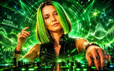 4k, neiti monique, vihreä futuristinen tausta, dj konsoli, ukrainalainen dj, musiikin tähdet, edm, supertähtiä, alesia arkush, ukrainan julkkis, neiti monique art, suosittu dj, neiti monique 4k