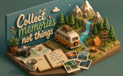 Collect moments not things, 4k, 3d isometric art, travel concepts, travel quotes, Collect moments not things art