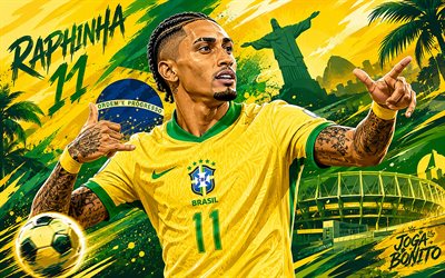 رافينها, 4k, خلفية مجردة خضراء, منتخب البرازيل لكرة القدم, الكونميبول, لاعبي كرة القدم البرازيليين, رافينها 4k, كرة القدم, فن رافينها, فن مكافحة ناقلات, المنتخبات الوطنية, الاتحاد البرازيلي لكرة القدم, فريق رافينها البرازيلي