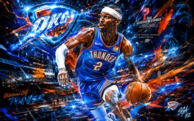 4k, shai gilgeous aleksanteri, sininen futuristinen tausta, oklahoma city thunder, nba, fanitaidetta, oklahoma city thunder  logo, shai gilgeous alexander 4k, okc, koripallo, luova, shai gilgeous alexander oklahoma city thunder, shai gilgeous alexander art