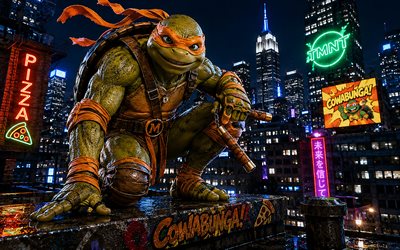 Michelangelo, 4k, 3D art, Teenage Mutant Ninja Turtles, nighscape, TMNT characters, Mutated Turtles, TMNT, ninja turtles, Michelangelo TMNT, Michelangelo 4K