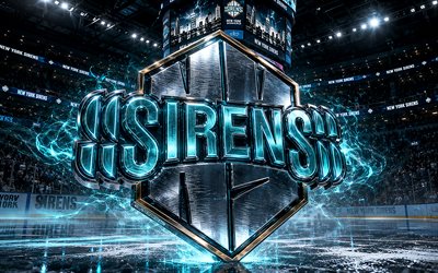 New York Sirens metal logo, 4k, spotlights, ice arena, PWHL, hockey, New York Sirens logo, hockey stadium, New York Sirens 3D logo, american hockey team, New York Sirens