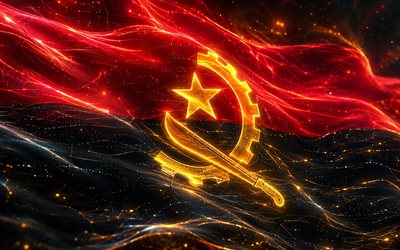 angolan hehkuva lippu, 4k, pimeys, angolan lippu, angolan päivä, 3d taide, angolan neonlippu, neon aallot angolan lippu, angolan 3d lippu, angolan abstrakti lippu, angola
