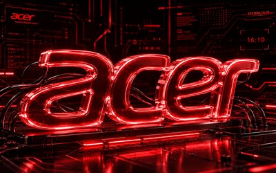 Acer red glass logo, 4k, red 3D background, darkness, wires, electronics brands, Acer glowing logo, creative, Acer logo, brands, Acer 3D logo, Acer