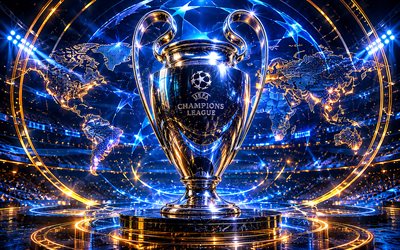 4k, uefa mestarien liiga, digitaalinen maailmankartta, seisoo, uefa champions league trophy, jalkapallo, uefa mestarien liigan kuva, kultainen pokaali, mestarien liiga