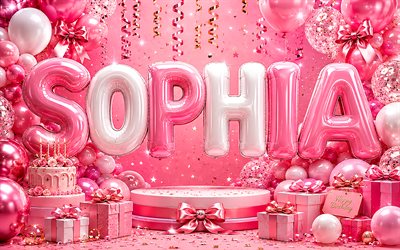 4k, feliz cumpleaños sofía, fondo rosa, nombre de sofia, cajas de regalo rosas, cumpleaños de sofía, globos 3d, globos blancos rosados, foto con el nombre de sofia, sofía
