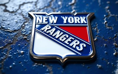 new york rangersin teräslogo, 4k, sininen teräs tausta, nhl, new york rangersin logo, new york rangersin tunnus, usa, new york rangers, jääkiekko
