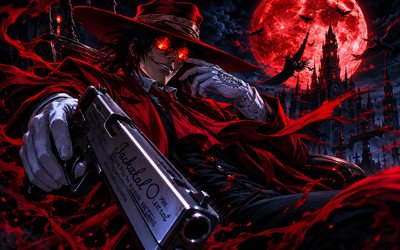 Alucard, 4k, ravens, night, Hellsing, gun, red moon, castle, red raincoat, Count Dracula, manga, Alucard with gun, Dorakyura, Hellsing manga, Alucard character, Alucard art, Hellsing characters, Alucard Hellsing