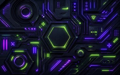 4k, geometriset hahmot, kolmiot, ympyrät, violetinvihreät neonsäteet, materiaalin suunnittelu, geometriset muodot, luova, geometria, geometrisia kuvioita, taideteos, tumma 3d tausta, tumma abstrakti tausta, muotoja, 3d taustat
