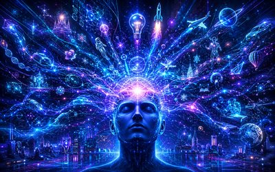 ideakonsepteja, 4k, ihmisen aivot, ideoiden generointi, sininen futuristinen tausta, idean haku, liiketoimintakonsepteja, idea