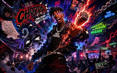 4k, nle choppa, abstrakti taide, hehkuva mikrofoni, amerikkalaiset räppärit, musiikin tähdet, amerikkalaisia ​​laulajia, bryson lashun potts, nle choppa  taide, luova, nle choppa 4k