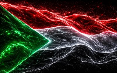 sudan'ın parlayan bayrağı, 4k, karanlık, sudan bayrağı, sudan günü, 3 boyutlu sanat, sudan neon bayrağı, neon dalgaları sudan bayrağı, sudan 3d bayrağı, sudan soyut bayrağı, sudan