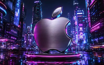 Apple metal logo, 4k, cyberpunk, nightscape, street, Apple 3D logo, artwork, Apple logo, electronics brands, Apple