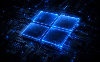 Windows 11 neon 3D logo, 4K, black background, Windows 11 blue glowing logo, Windows 11 emblem, Windows 11 logo, Windows 11 sign, Windows 11, Windows logo, Windows