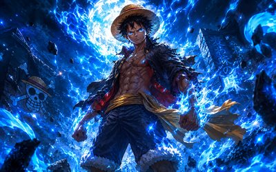 4k, Monkey D Luffy, blue glare, night, One Piece, Gear Fifth, manga, blue moon, One Piece characters, Monkey D Luffy chibi, Gear 5, artwork, Gomu Gomu no Mi, Monkey D Luffy One Piece