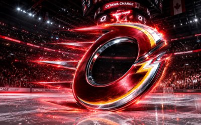 ottawa charge  metallilogo, 4k, kohdevalot, jääareena, pwhl, jääkiekko, ottawa charge  logo, jääkiekkostadion, ottawa charge 3d  logo, kanadan jääkiekkojoukkue, ottawa charge