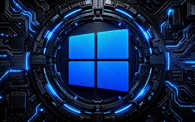 windows 10 3d logosu, 4k, karanlık yüksek teknoloji arka planı, mavi parlama, iletkenler, işletim sistemi markaları, yaratıcı, mikro devrede windows 10 logosu, markalar, windows 10 parlayan logosu, sanat eseri, windows 10 logosu, windows 10