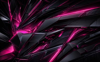 mustia 3d hahmoja, 4k, vaaleanpunainen neonhäikäisy, taideteos, geometriset muodot, mustia 3d fragmentteja, pirstoutunut geometrinen kuvio, luova, musta 3d tausta, tumma abstrakti tausta, muotoja, 3d taustat
