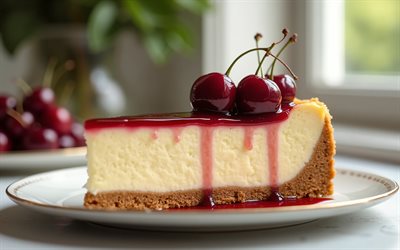 kirazlı cheesecake, peynirli kek parçası, kiraz, cheesecake, kekler, tatlılar, pişmiş ürünler