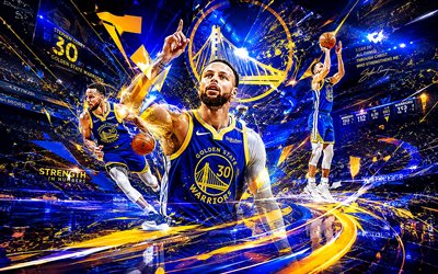 4k, Stephen Curry, blue futuristic background, Golden State Warriors, NBA, American basketball players, Stephen Curry 4K, basketball, Stephen Curry art, Stephen Curry Golden State Warriors