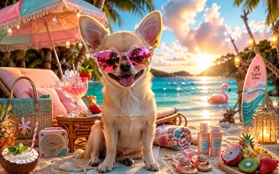 chihuahua, 4k, kesä, trooppinen ranta, rantatarvikkeet, meri, aurinkotuoli, aurinkolasit, chihuahua rannalla, koirat, cocktail, söpöjä eläimiä, ranta, lemmikkejä, koira aurinkolaseissa, chihuahua koira