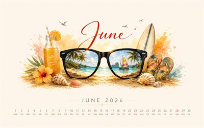 4k, 2026 June Calendar, watercolor art, beach accessories, June 2026, summer calendars, June 2026 Calendar, summer, June calendars, 2026 calendars, June