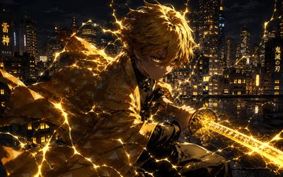 4k, Zenitsu Agatsuma, yellow sword, nighscape, Kimetsu no Yaiba, warrior, yellow lightings, manga, protagonist, lightings, artwork, Demon Slayer, Zenitsu, Zenitsu Agatsuma Kimetsu no Yaiba