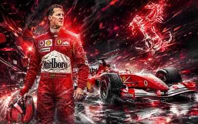 michael schumacher, 4k, punainen futuristinen tausta, urheilulegendat, scuderia ferrari, formula 1, saksalaiset kilpa ajajat, fanitaidetta, michael schumacher 4k, michael schumacherin taide, formula yksi, f1, michael schumacher ferrari