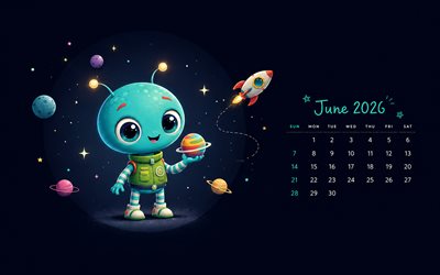 2026 June Calendar, 4k, cartoon alien, minimalism, June 2026, summer calendars, June 2026 Calendar, summer, June calendars, 2026 calendars, June
