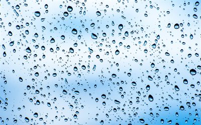 water drops patterns, 4k, drops on glass, water drops textures, blue backgrounds, water drops, background with drops