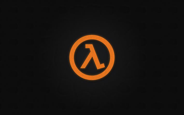 half-life-logo, 4k, minimalismus, grauer hintergrund, kreativ, spielemarken, half-life
