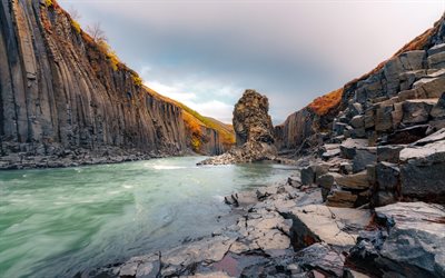アイスランド, 4k, 岩, 川, キャニオン, 美しい自然, ヨーロッパ, 石, アイスランドの自然