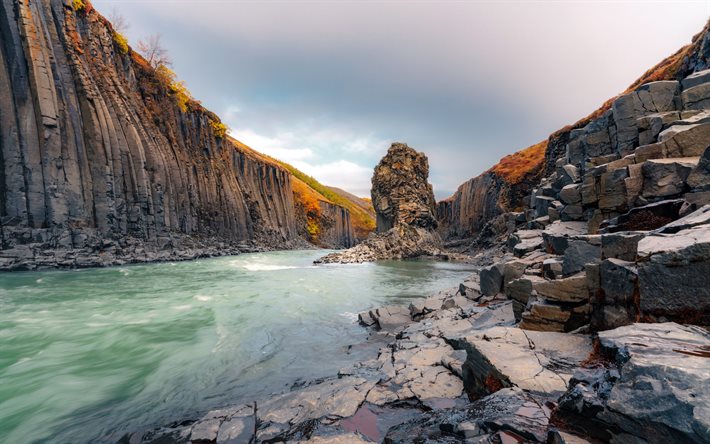 islanti, 4k, kivet, joki, kanjoni, kaunis luonto, eurooppa, islannin luonto